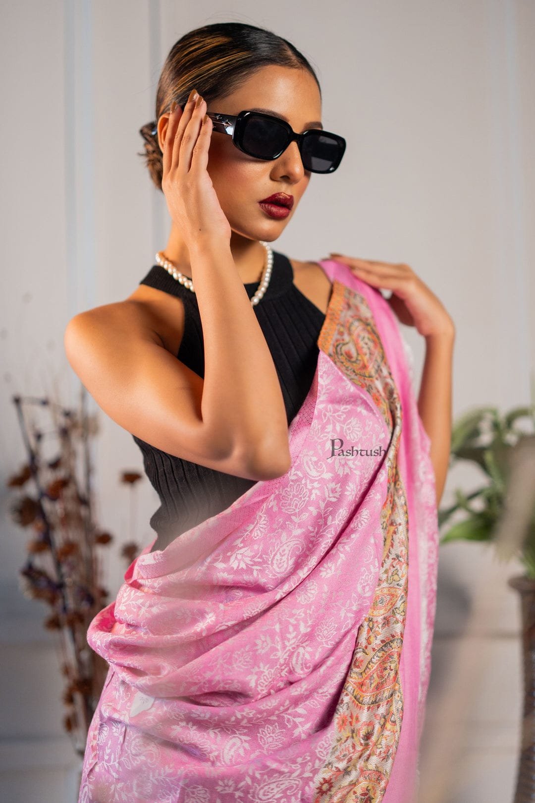 Pashtush India Gift Pack Pashtush His And Her Set Of Mens Jamawar Stole and Womens Bamboo Stole, Premium Gift Box Packaging, Blue and Pink