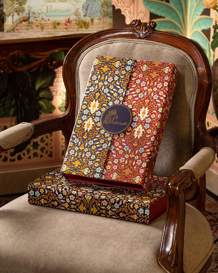 Pashtush India Gift Pack Pashtush His And Her Set Of Mens Jamawar Stole and Womens Bamboo Stole, Premium Gift Box Packaging, Maroon and Red