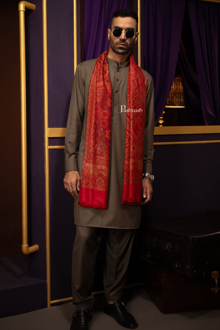 Pashtush India Gift Pack Pashtush His And Her Set Of Mens Jamawar Stole and Womens Fine Wool Stole, Premium Gift Box Packaging, Maroon and Red