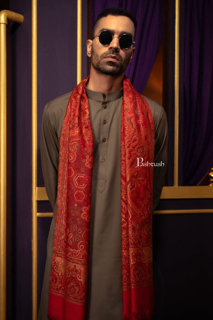 Pashtush India Gift Pack Pashtush His And Her Set Of Mens Jamawar Stole and Womens Fine Wool Stole, Premium Gift Box Packaging, Maroon and Red