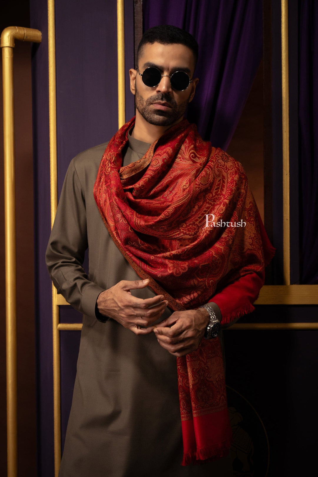 Pashtush India Gift Pack Pashtush His And Her Set Of Mens Jamawar Stole and Womens Fine Wool Stole, Premium Gift Box Packaging, Maroon and Red