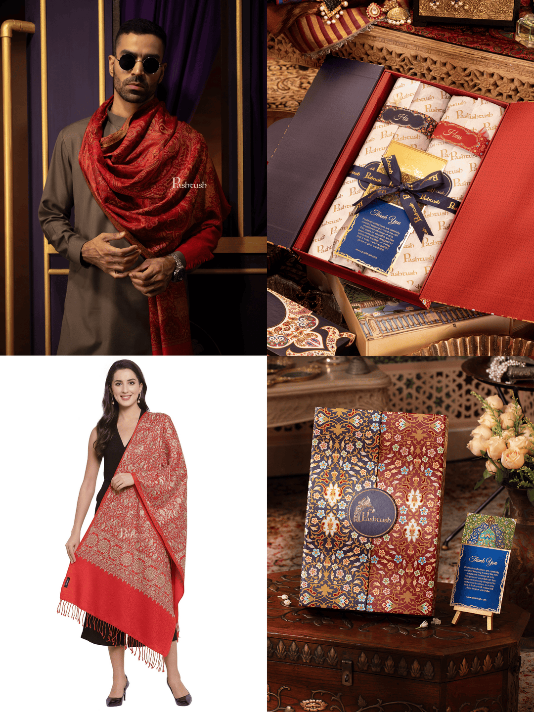 Pashtush India Gift Pack Pashtush His And Her Set Of Mens Jamawar Stole and Womens Fine Wool Stole, Premium Gift Box Packaging, Maroon and Red