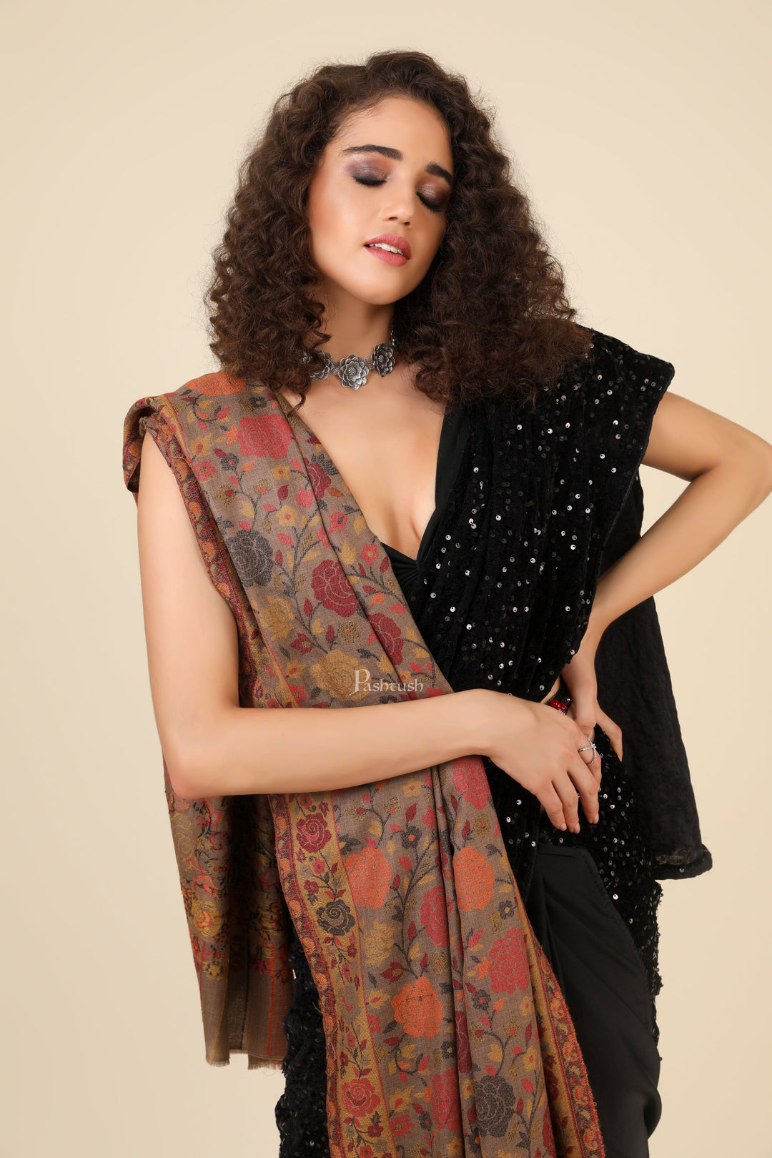 Pashtush India Gift Pack Pashtush His And Her Set Of Mens Jamawar Stole and Womens Jacquard Stole, Premium Gift Box Packaging, Black and Multicoloured