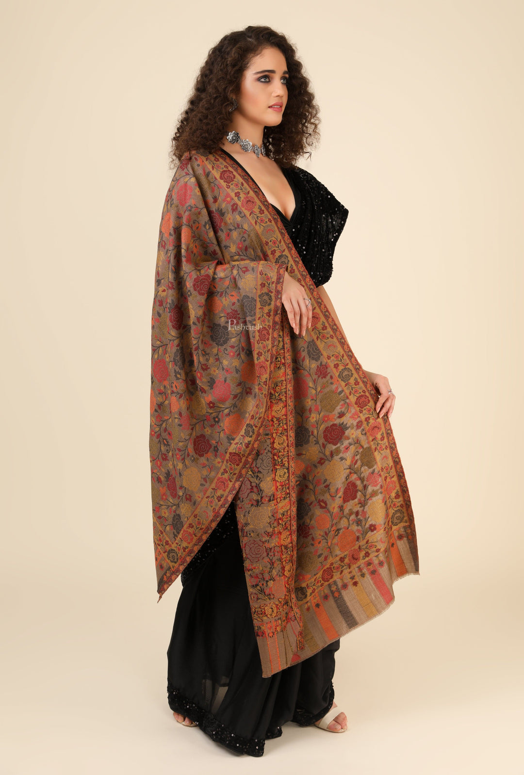 Pashtush India Gift Pack Pashtush His And Her Set Of Mens Jamawar Stole and Womens Jacquard Stole, Premium Gift Box Packaging, Black and Multicoloured