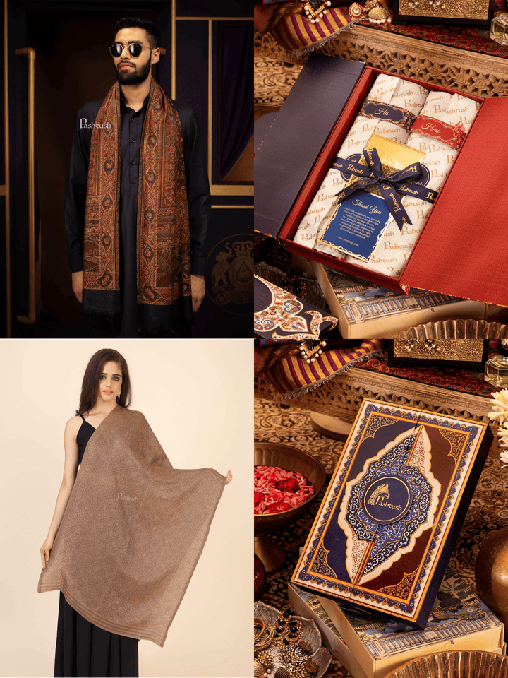 Pashtush India Gift Pack Pashtush His And Her Set Of Mens Jamawar Stole and Womens Twilight Shawl, Premium Gift Box Packaging, Black and Beige