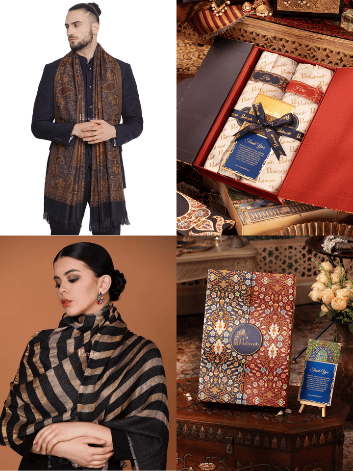 Pashtush India Gift Pack Pashtush His And Her Set Of Mens Jamawar Stole and Womens Twilight Stole, Premium Gift Box Packaging, Black