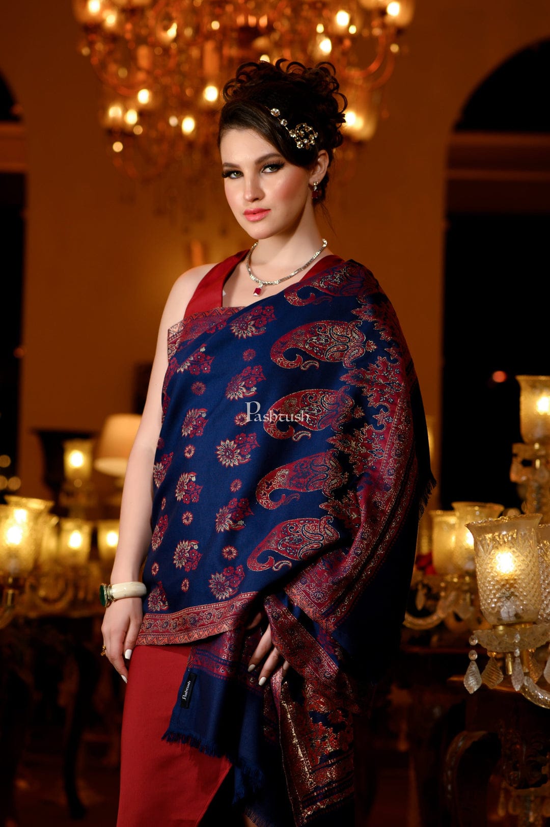 Pashtush India Gift Pack Pashtush His And Her Set Of Mens Jamawar Stole and Womens Twilight Stole, Premium Gift Box Packaging, Navy Blue