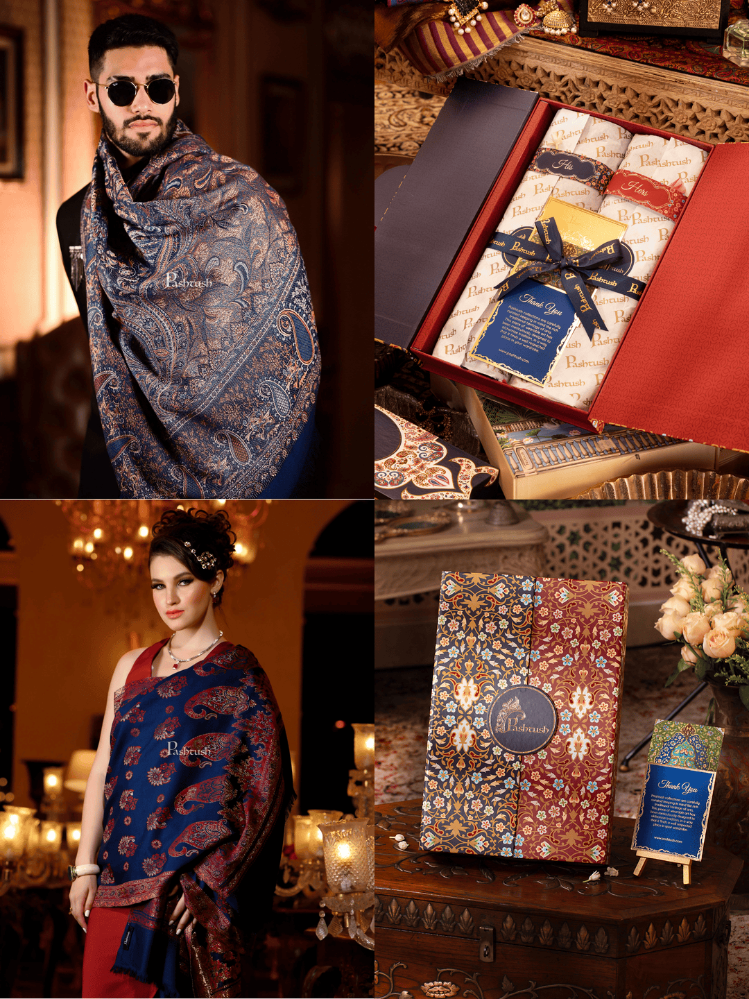 Pashtush India Gift Pack Pashtush His And Her Set Of Mens Jamawar Stole and Womens Twilight Stole, Premium Gift Box Packaging, Navy Blue