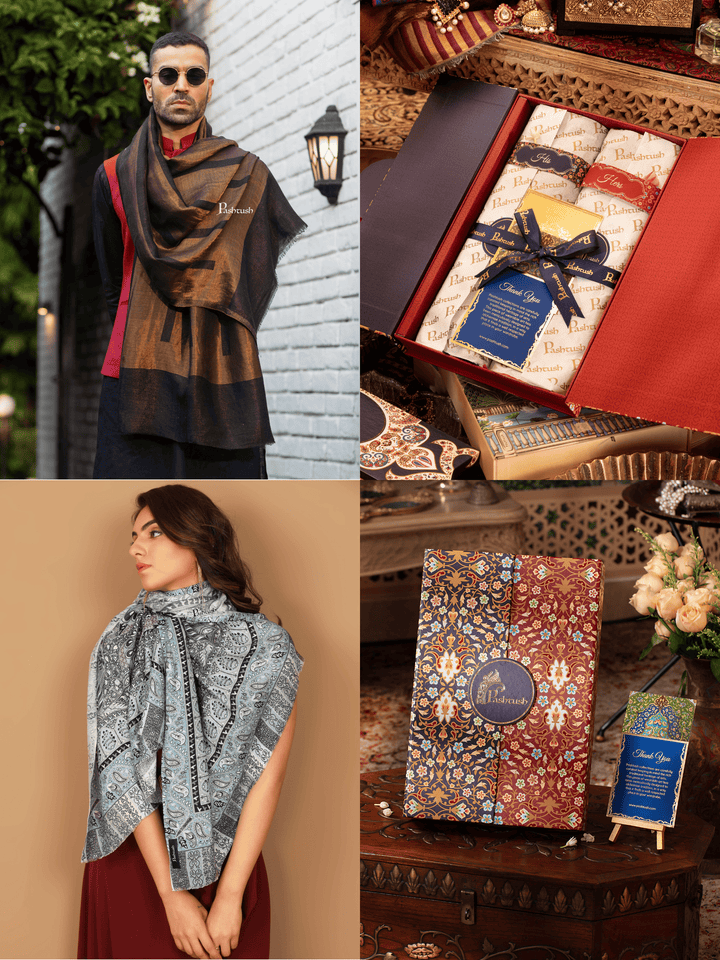 Pashtush India Gift Pack Pashtush His And Her Set Of Mens Twilight Stole and Womens Bamboo Stole, Premium Gift Box Packaging, Gold and Multicolour