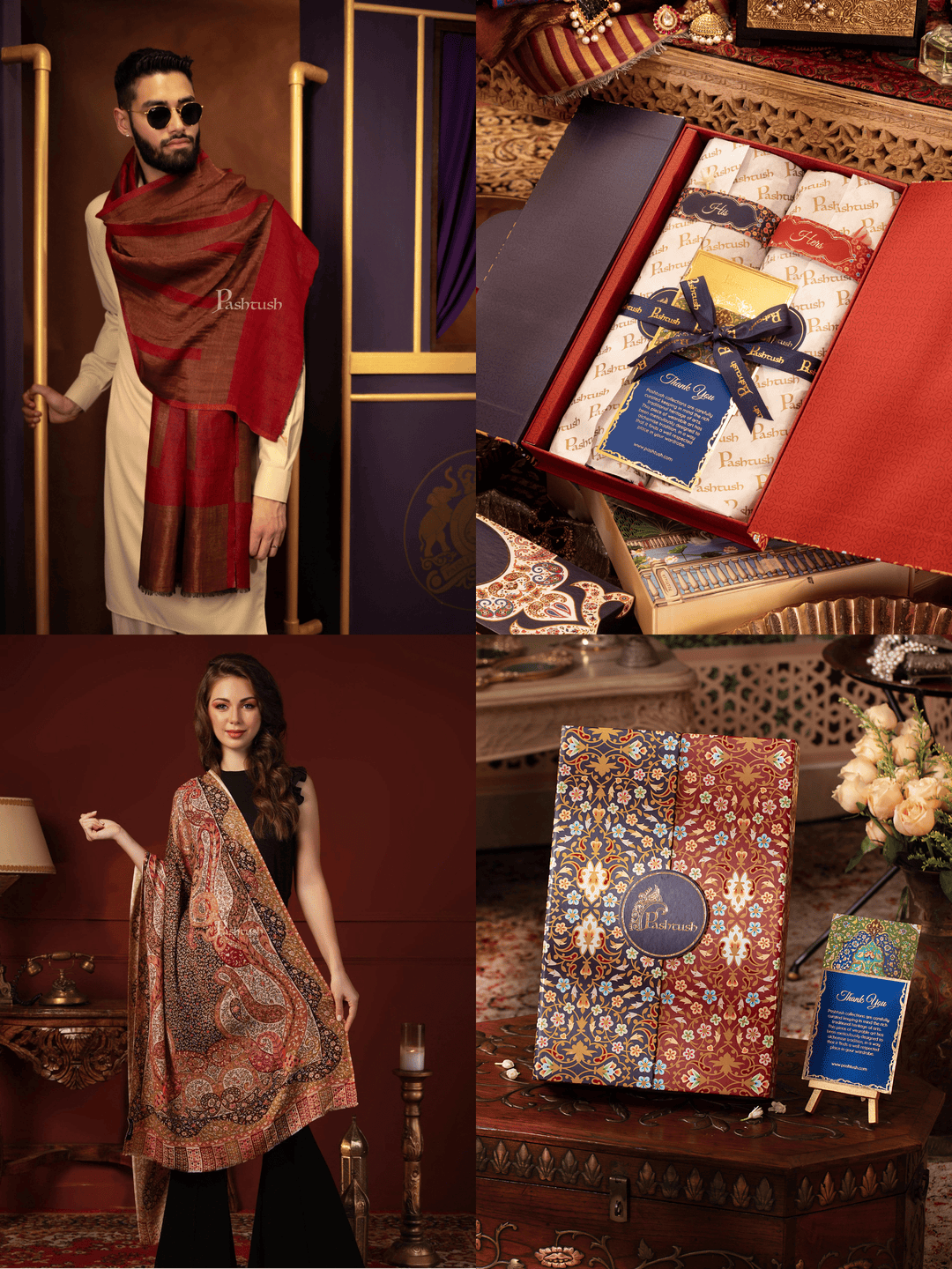 Pashtush India Gift Pack Pashtush His And Her Set Of Mens Twilight Stole and Womens Bamboo Stole, Premium Gift Box Packaging, Maroon and Multicoloured