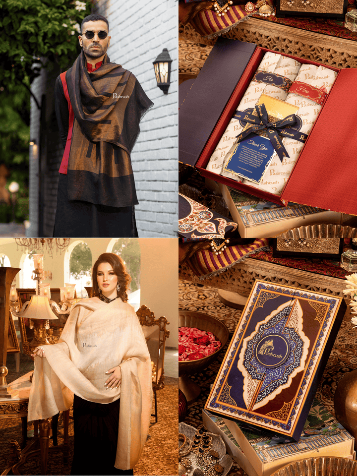 Pashtush India Gift Pack Pashtush His And Her Set Of Mens Twilight Stole and Womens Extra Fine Wool Shawl, Premium Gift Box Packaging, Gold and Ivory