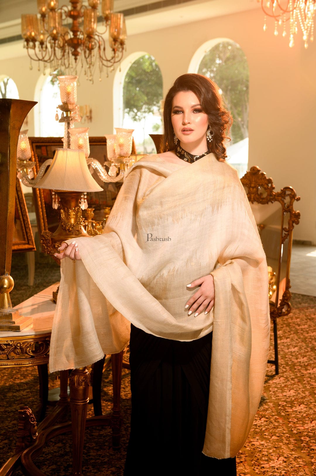 Pashtush India Gift Pack Pashtush His And Her Set Of Mens Twilight Stole and Womens Extra Fine Wool Shawl, Premium Gift Box Packaging, Gold and Ivory