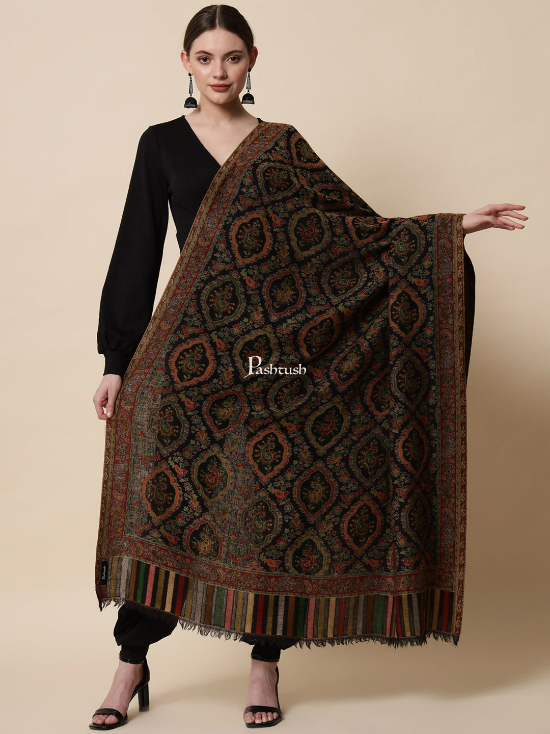 Pashtush India Gift Pack Pashtush His And Her Set Of Pure Wool Shawl and Pure Ethnic Weave Shawl With Wooden Chester Box, Beige and Multi colour