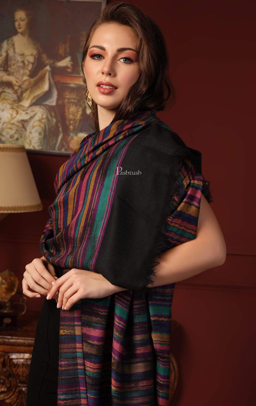 Pashtush India Gift Pack Pashtush His And Her Set Of Pure Wool Shawl and Pure Striped Shawl With Wooden Chester Box, Beige and Multi colour