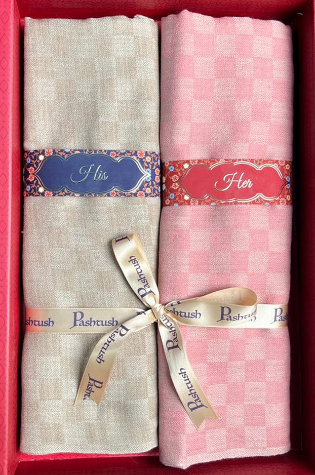 Pashtush India Gift Pack Pashtush His and Her Set of Stoles with Premium Gift Box Packaging, Beige and Powder Pink
