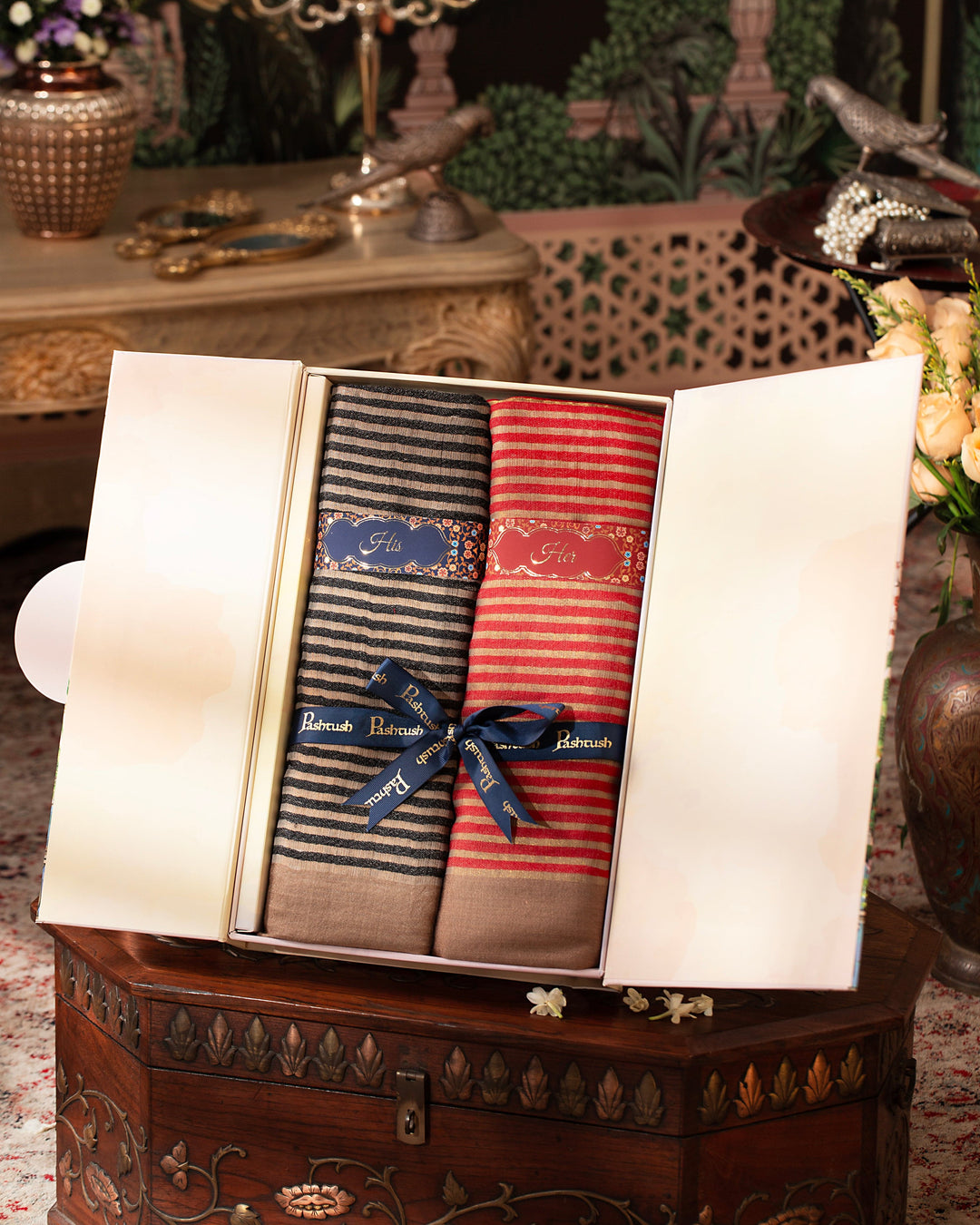 Pashtush India Gift Pack Pashtush His And Her Set Of Striped Twilight Stoles, Premium Gift Box Packaging, Black and Red