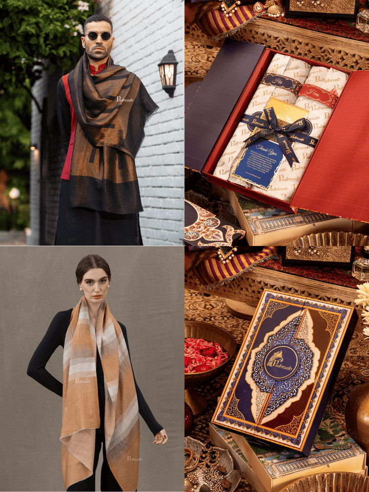 Pashtush India Gift Pack Pashtush His And Her Set Of Twilight Stoles, Premium Gift Box Packaging, Black and Gold