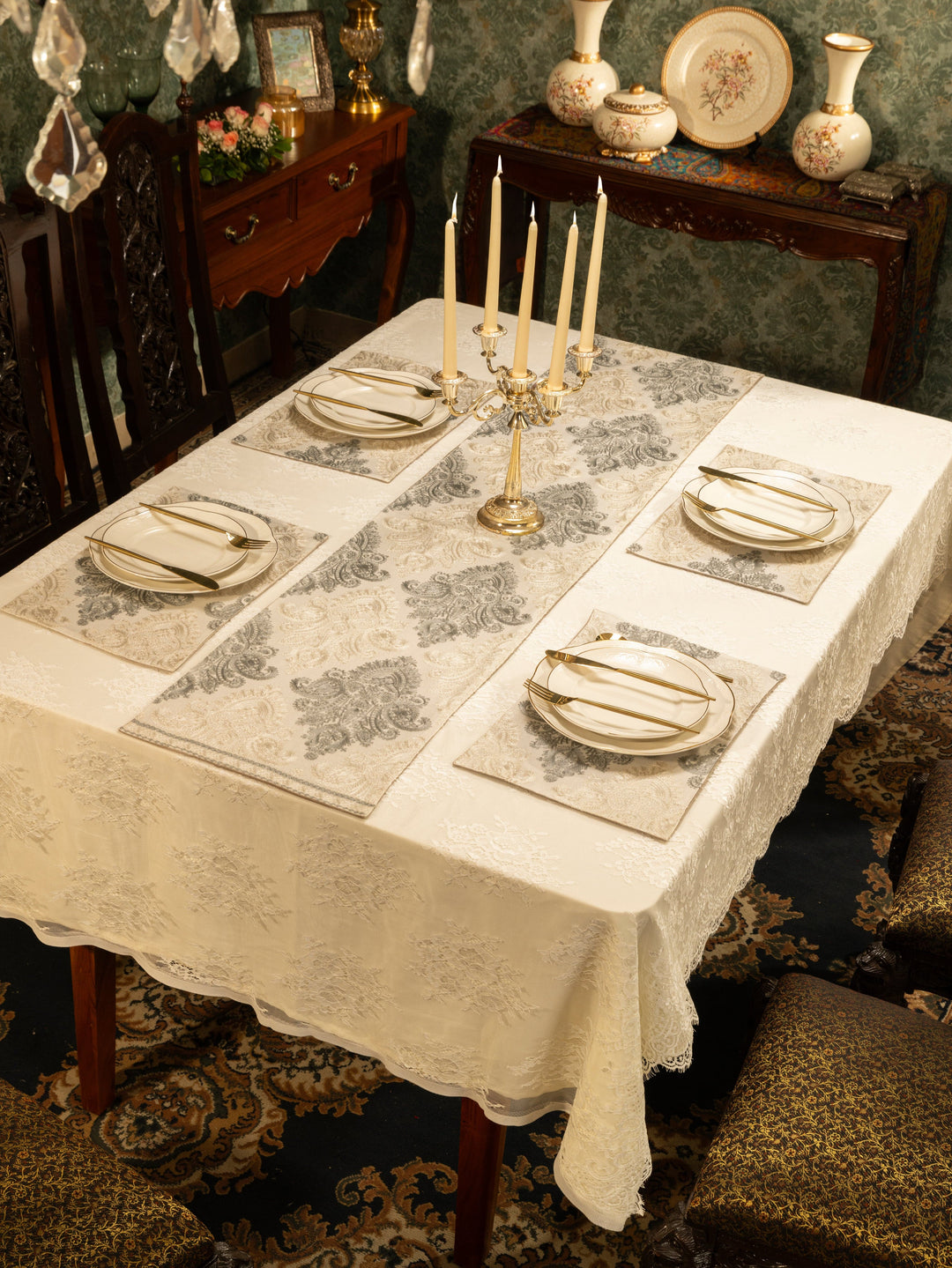 Pashtush India Gift Pack Pashtush Luxury Table Mats, Nalki Embroidery Collection, Ivory (Mats Only)