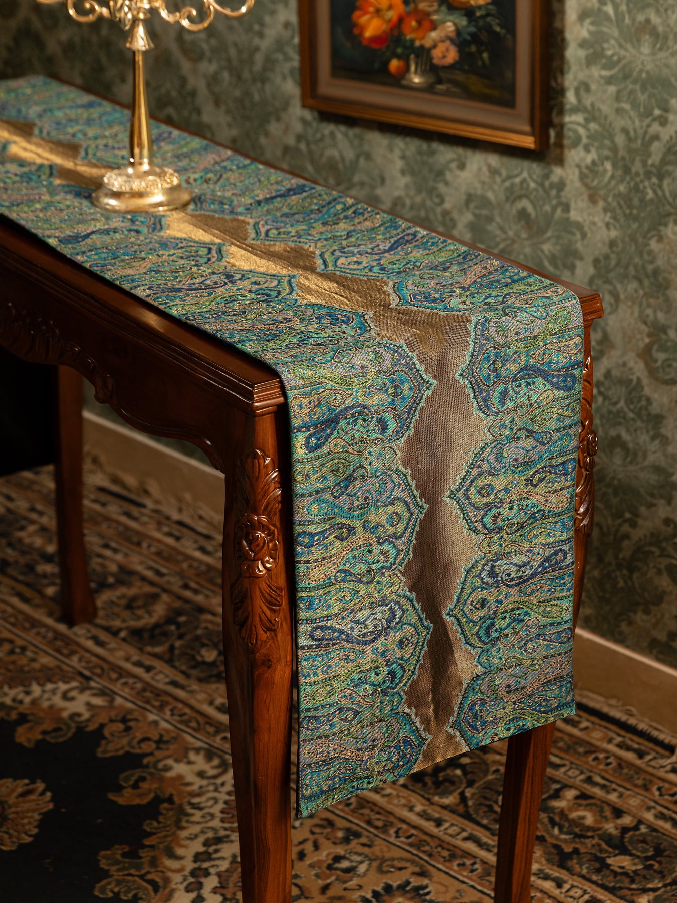 Arabic Table Runner Pashtush Luxury Table Runner, Twilight Collection, Arabic Sea Blue ...