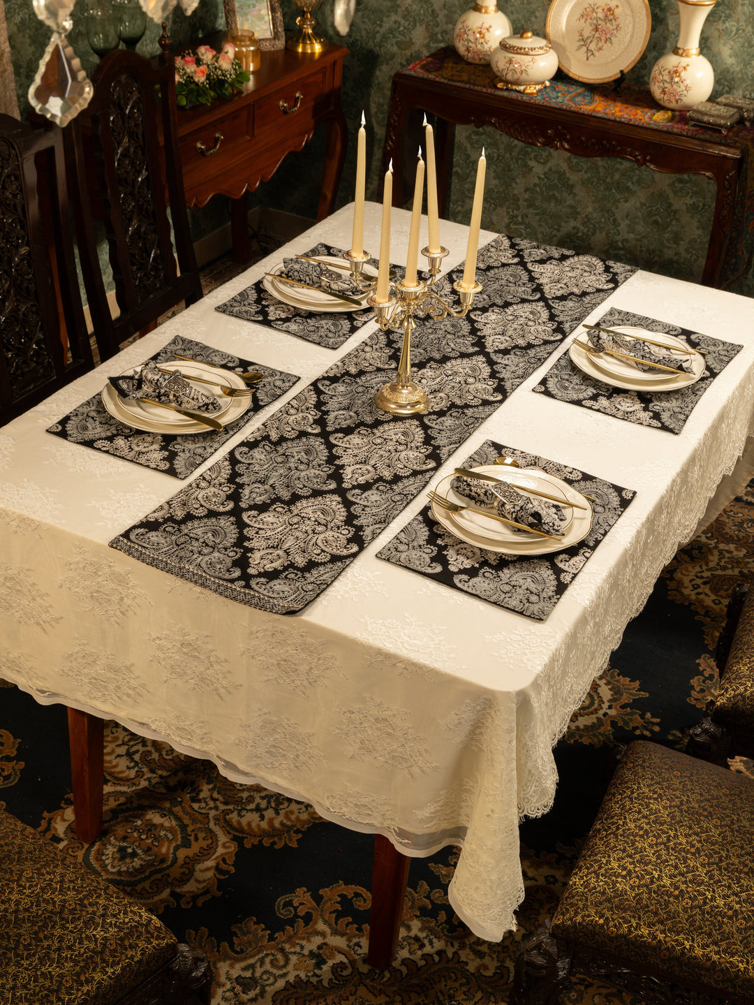 Pashtush India Gift Pack Pashtush Luxury Table Runner with Mats Set, Nalki Embroidery Collection, Black