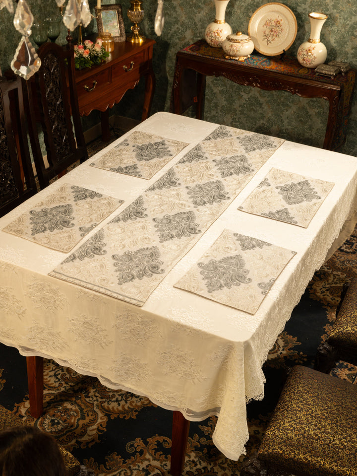 Pashtush India Gift Pack Pashtush Luxury Table Runner with Mats Set, Twilight Collection, Ivory
