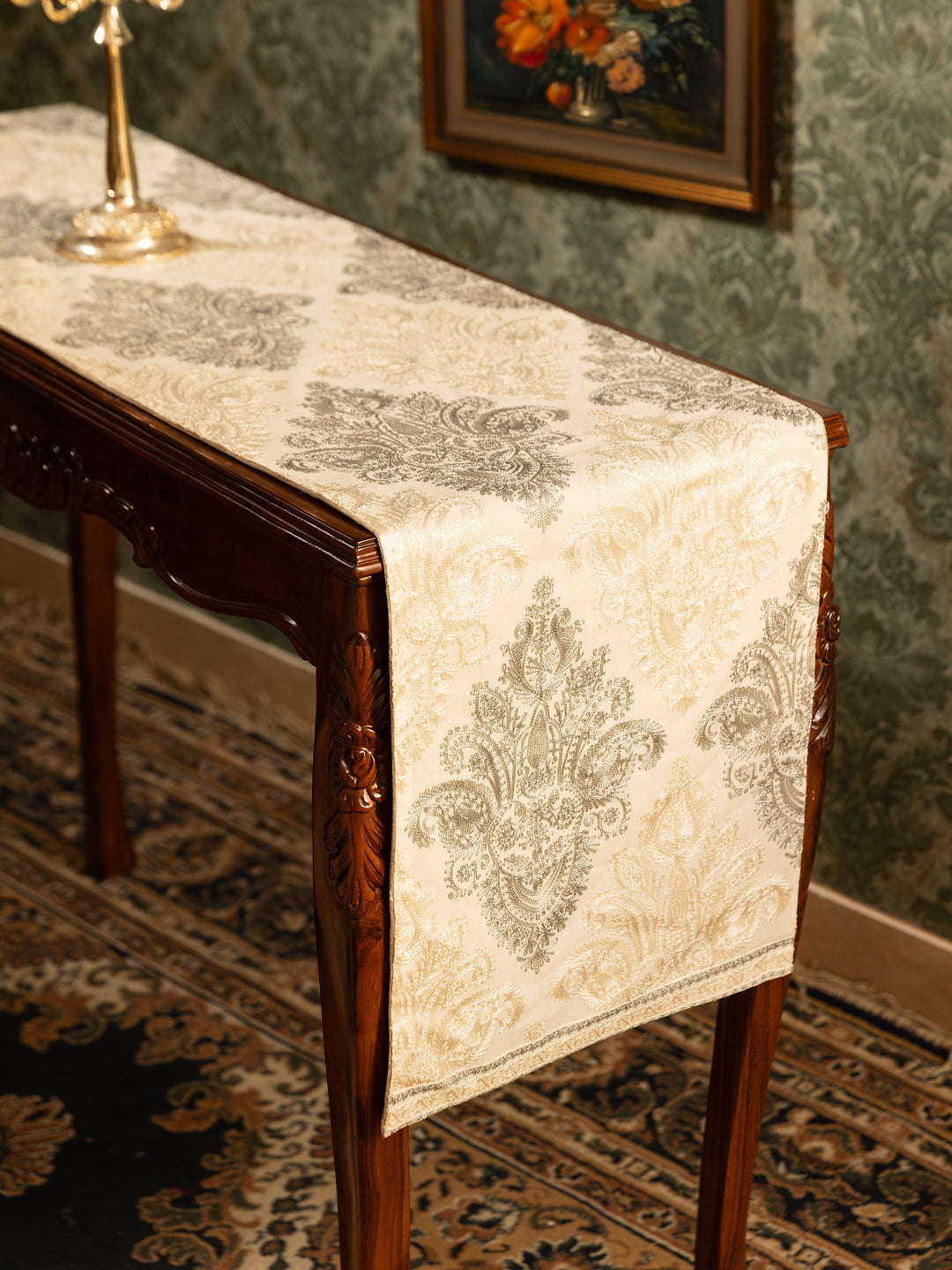 Pashtush India Gift Pack Pashtush Luxury Table Runner with Mats Set, Twilight Collection, Ivory