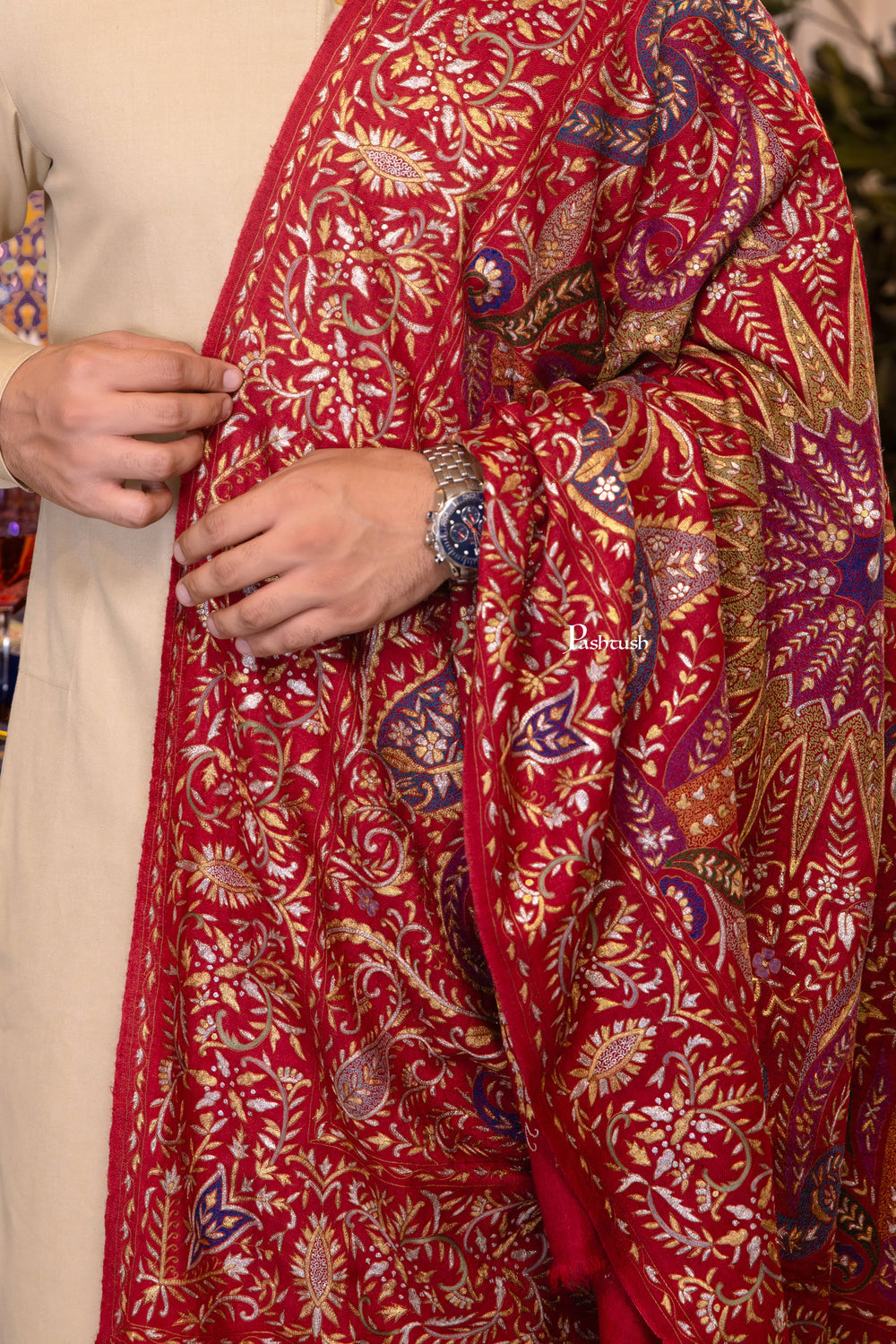 Pashtush India Mens Shawls Gents Shawl Pashtush Men's Pashmina Stole, Kashmiri Tilla Work, Handloom, Maroon