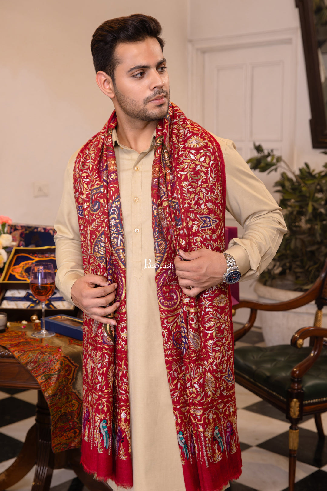 Pashtush India Mens Shawls Gents Shawl Pashtush Men's Pashmina Stole, Kashmiri Tilla Work, Handloom, Maroon