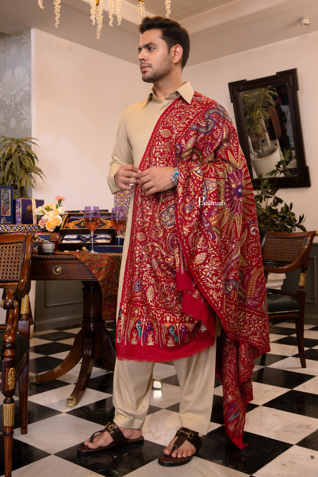 Pashtush India Mens Shawls Gents Shawl Pashtush Men's Pashmina Stole, Kashmiri Tilla Work, Handloom, Maroon