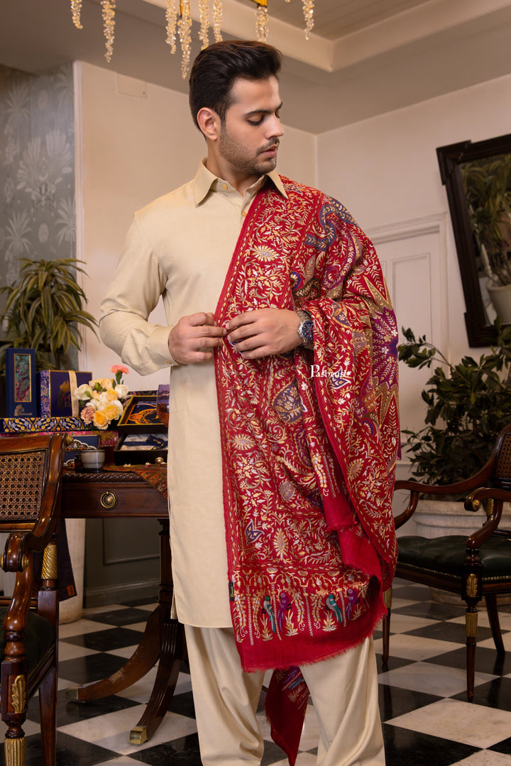 Pashtush India Mens Shawls Gents Shawl Pashtush Men's Pashmina Stole, Kashmiri Tilla Work, Handloom, Maroon