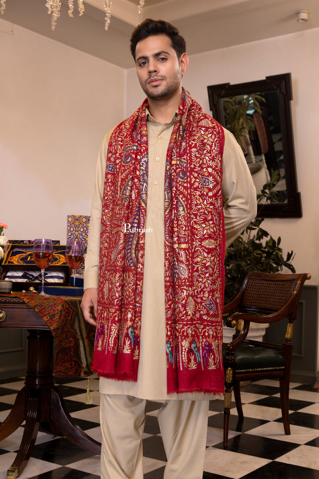 Pashtush India Mens Shawls Gents Shawl Pashtush Men's Pashmina Stole, Kashmiri Tilla Work, Handloom, Maroon