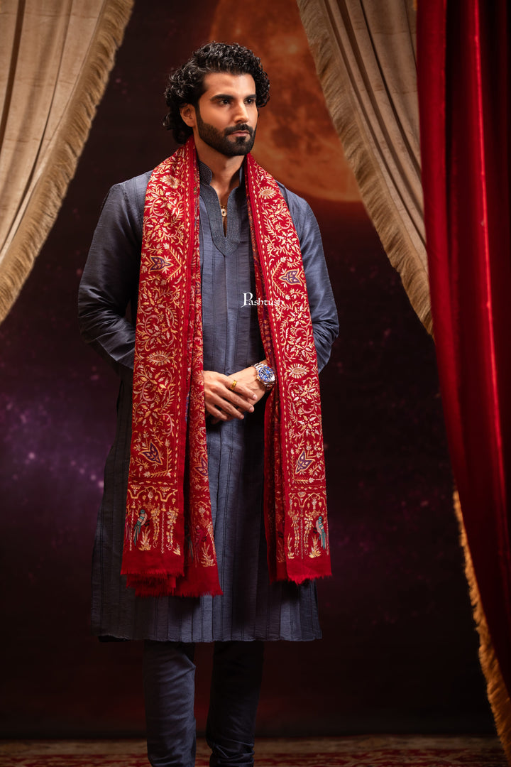 Pashtush India Mens Shawls Gents Shawl Pashtush Men's Pashmina Stole, Kashmiri Tilla Work, Handloom, Maroon