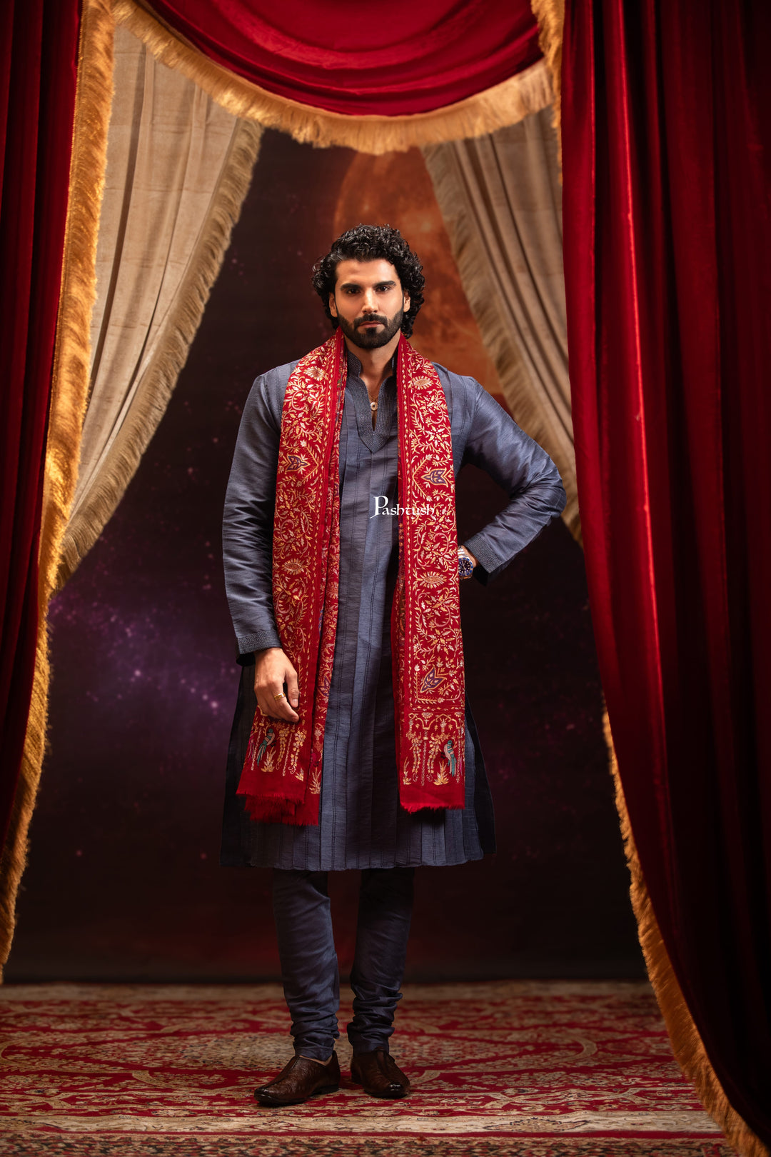 Pashtush India Mens Shawls Gents Shawl Pashtush Men's Pashmina Stole, Kashmiri Tilla Work, Handloom, Maroon