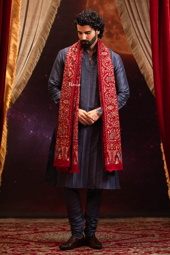 Pashtush India Mens Shawls Gents Shawl Pashtush Men's Pashmina Stole, Kashmiri Tilla Work, Handloom, Maroon