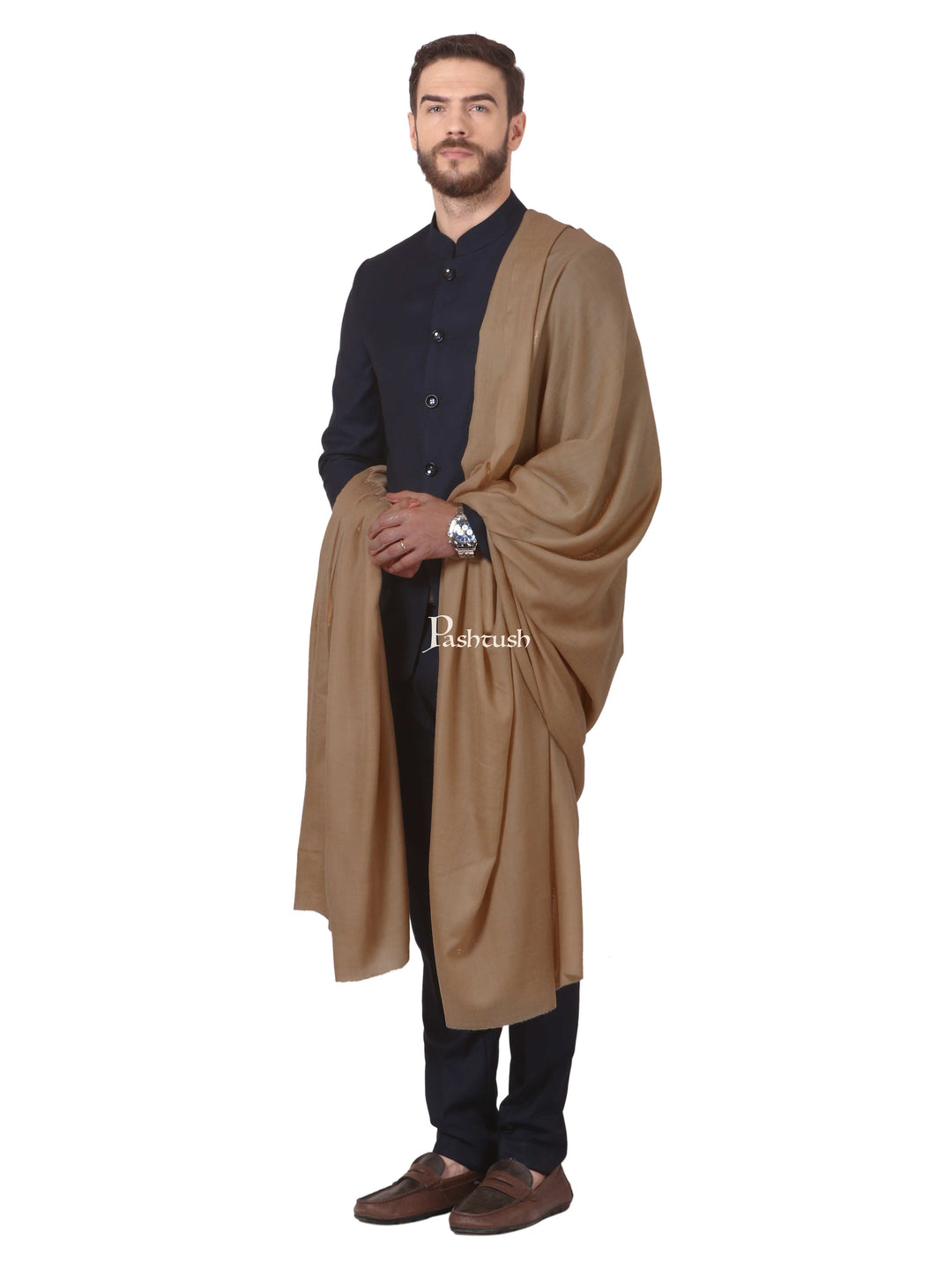 Pashtush India Mens Shawls Gents Shawl Pashtush Mens 100% Certified Pure Wool Super Fine Ring Shawl, Full Size Taupe