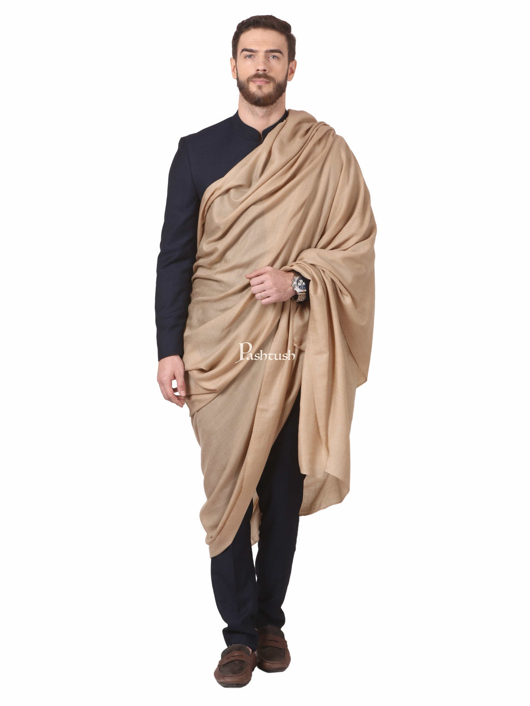 Pashtush India Mens Shawls Gents Shawl Pashtush Mens 100% Pure Wool Ring Shawl, Full Size - Beige