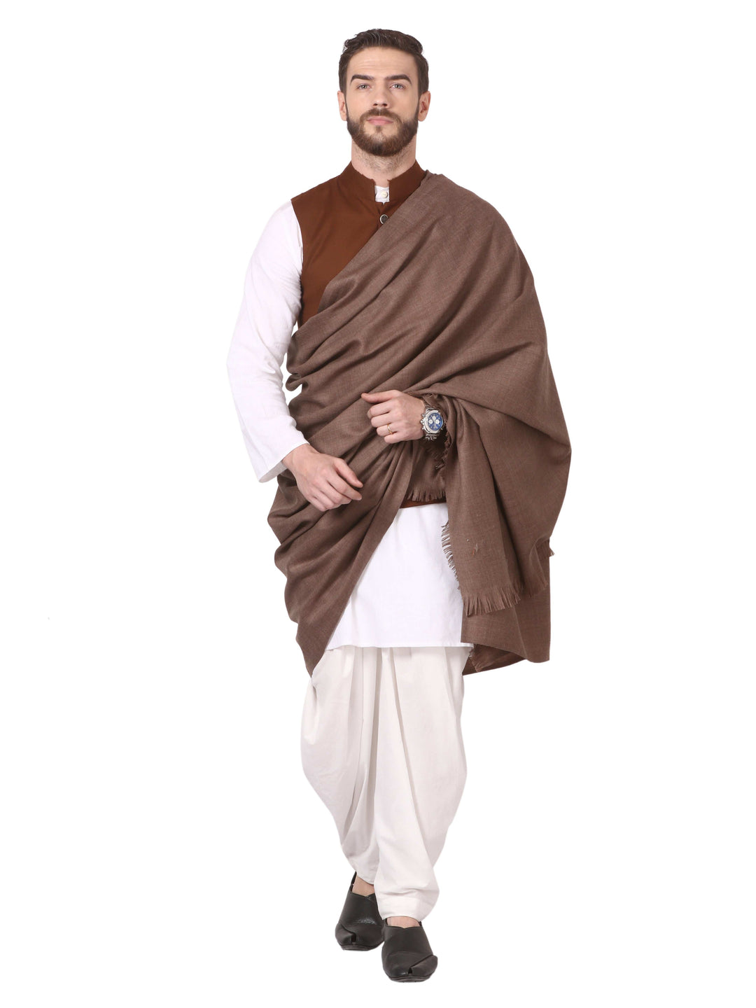 Pashtush India Mens Shawls Gents Shawl Pashtush Mens 100% Pure Wool With Woolmark Certificate Shawl,  Design, Dark Beige