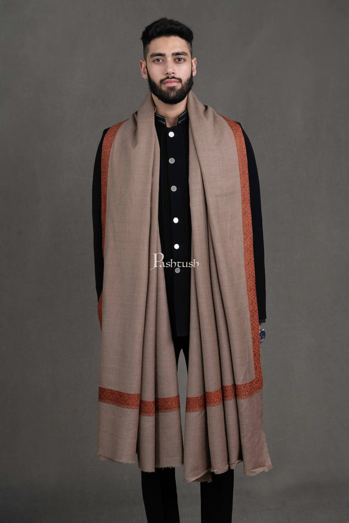 Pashtush India Mens Shawls Gents Shawl Pashtush Mens 100% Pure Wool With Woolmark Certificate Shawl, Kingri Embroidery Design, Taupe