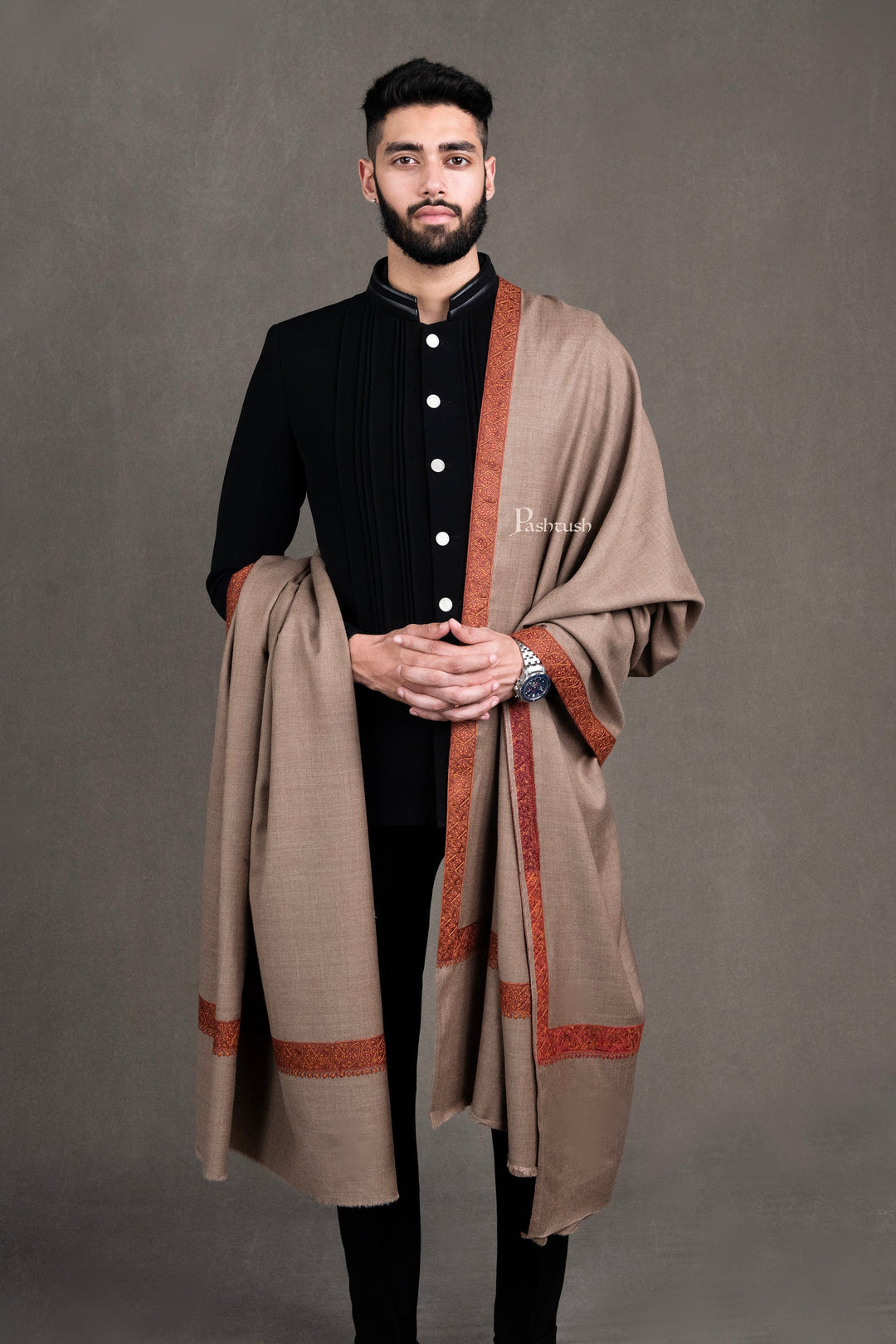 Pashtush India Mens Shawls Gents Shawl Pashtush Mens 100% Pure Wool With Woolmark Certificate Shawl, Kingri Embroidery Design, Taupe