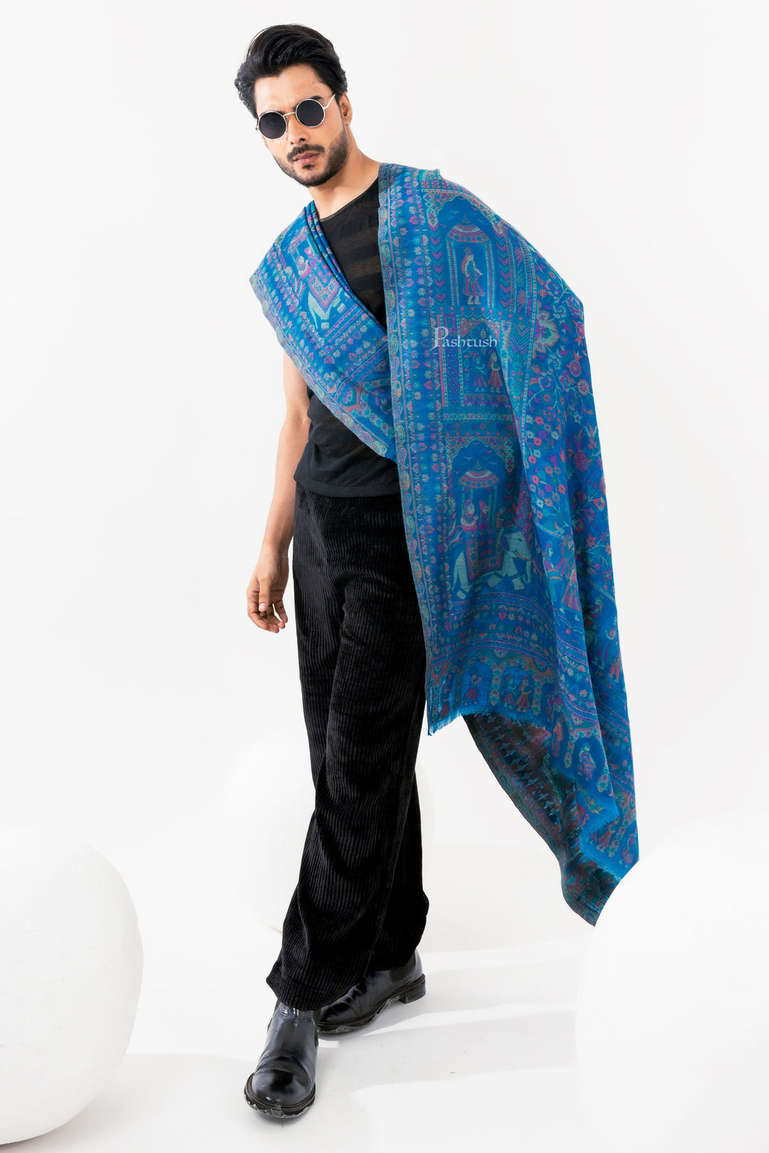 Pashtush India Mens Scarves Stoles and Mufflers Pashtush Mens 100% Pure Wool With Woolmark Certificate Stole, Darbar Design, Blue