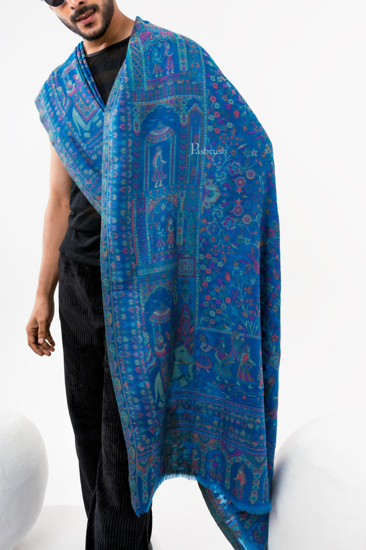 Pashtush India Mens Scarves Stoles and Mufflers Pashtush Mens 100% Pure Wool With Woolmark Certificate Stole, Darbar Design, Blue