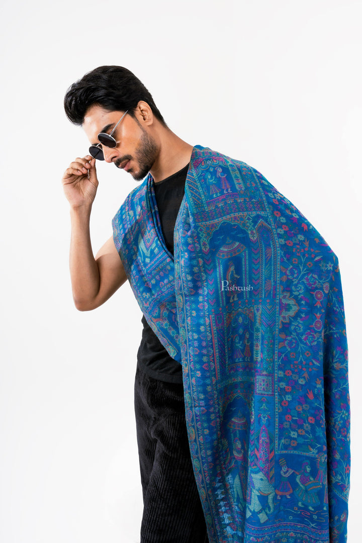 Pashtush India Mens Scarves Stoles and Mufflers Pashtush Mens 100% Pure Wool With Woolmark Certificate Stole, Darbar Design, Blue