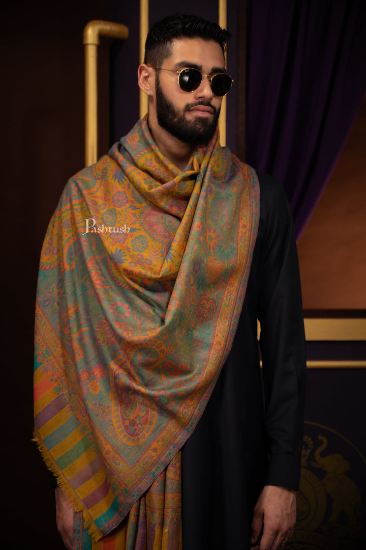 Pashtush India Mens Scarves Stoles and Mufflers Pashtush Mens 100% Pure Wool With Woolmark Certificate Stole, Ethnic Paisley  Weave Soft And Warm Design, Mustard