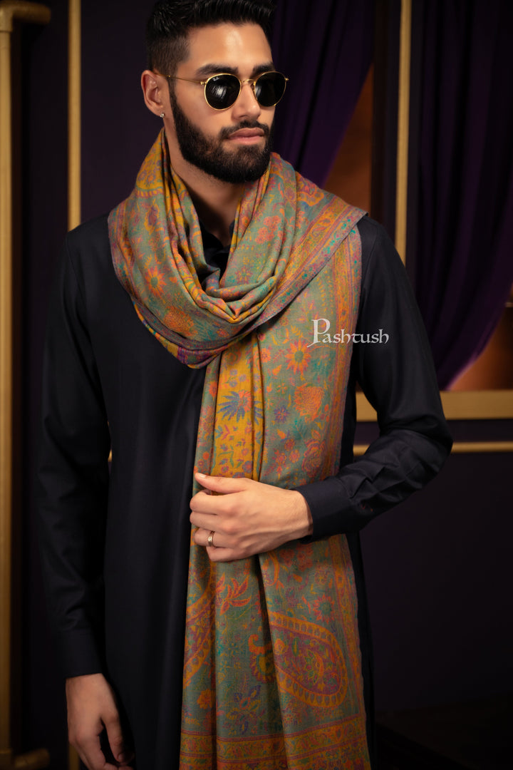 Pashtush India Mens Scarves Stoles and Mufflers Pashtush Mens 100% Pure Wool With Woolmark Certificate Stole, Ethnic Paisley  Weave Soft And Warm Design, Mustard