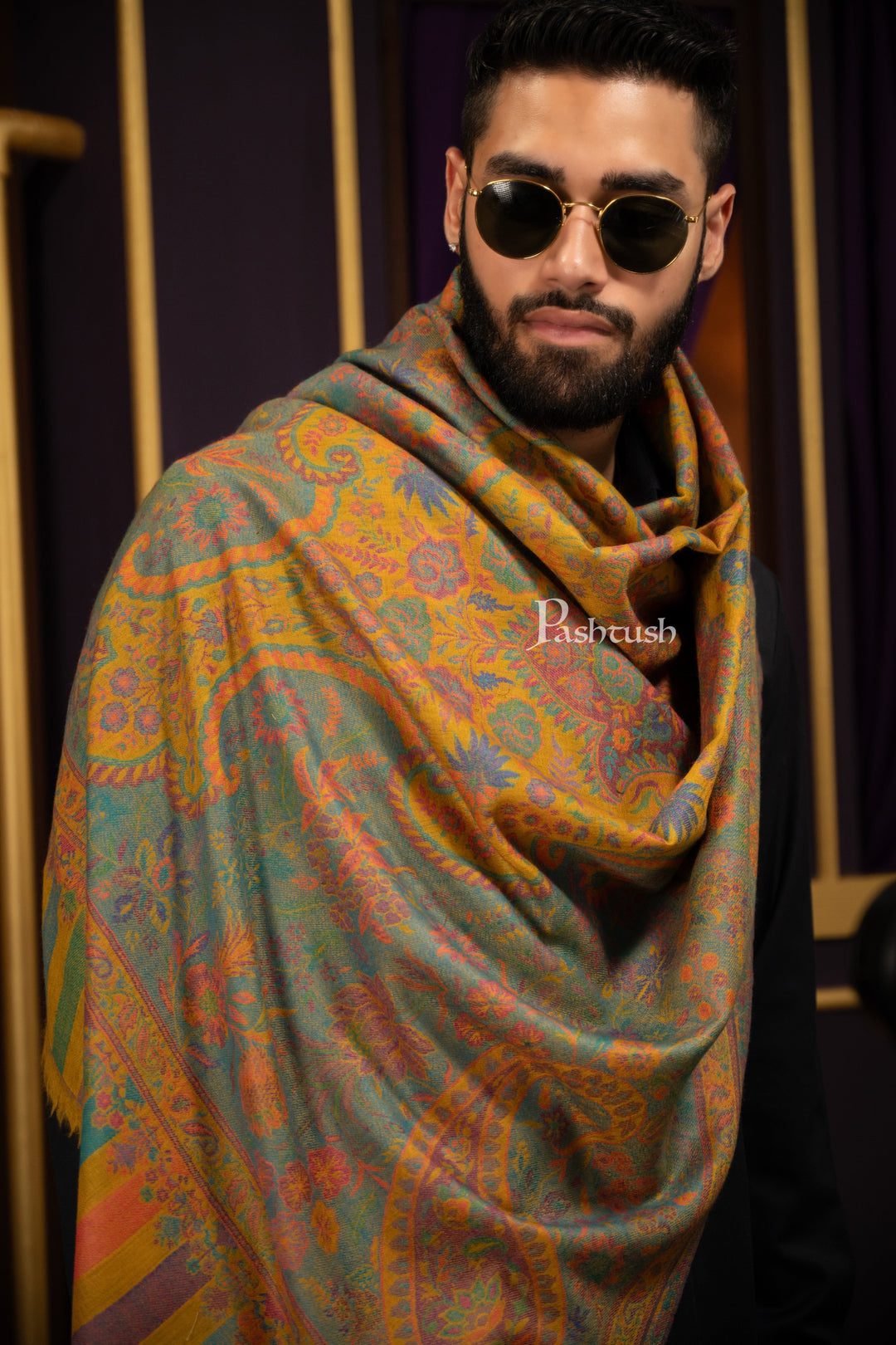 Pashtush India Mens Scarves Stoles and Mufflers Pashtush Mens 100% Pure Wool With Woolmark Certificate Stole, Ethnic Paisley  Weave Soft And Warm Design, Mustard