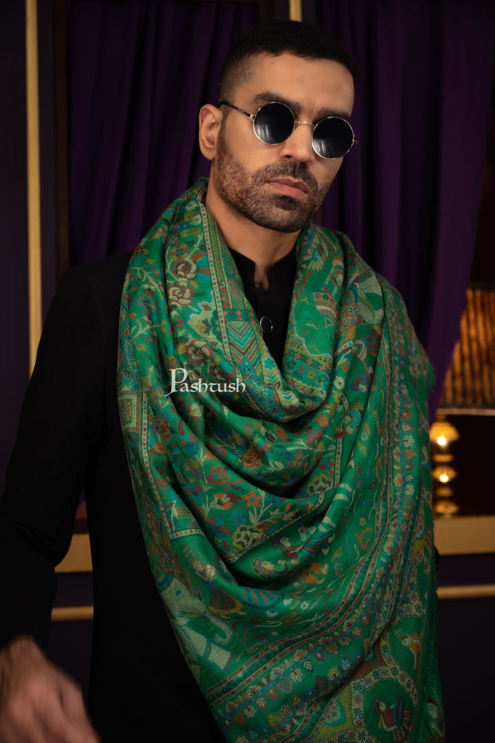 Pashtush India Mens Scarves Stoles and Mufflers Pashtush Mens 100% Pure Wool With Woolmark Certificate Stole, Ethnic Weave Soft And Warm Design, Deep Green