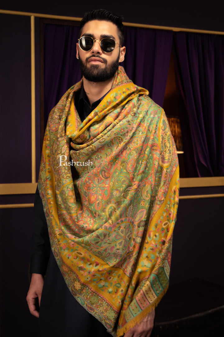 Pashtush India Mens Scarves Stoles and Mufflers Pashtush Mens 100% Pure Wool With Woolmark Certificate Stole, Ethnic Weave Soft And Warm Design, Mustard