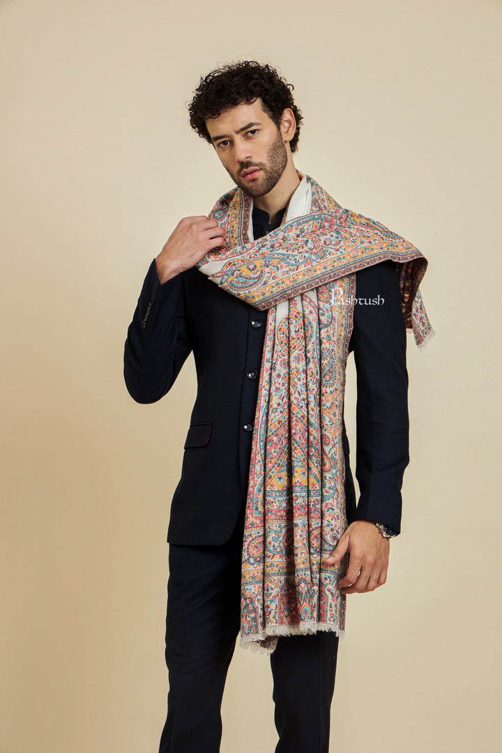 Pashtush India Mens Scarves Stoles and Mufflers Pashtush Mens 100% Pure Wool With Woolmark Certificate Stole, Heritage Antique Design, Ivory