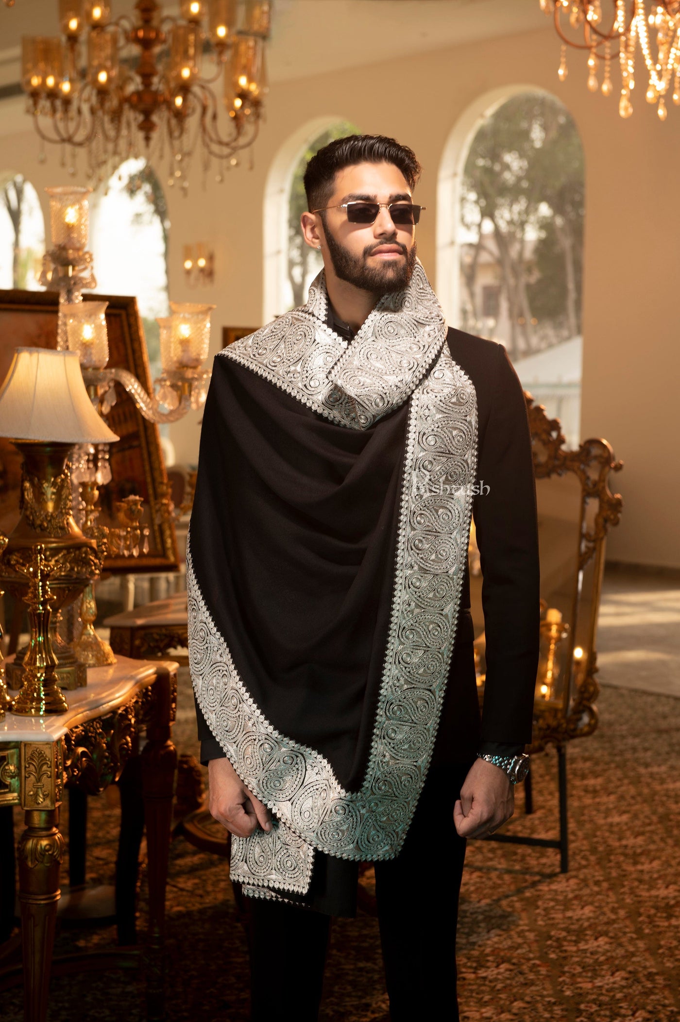 Pashtush India Mens Scarves Stoles and Mufflers Pashtush Mens 100% Pure Wool with Woolmark Certificate Stole, Metallic Tilla Embroidery Border, Rich Black