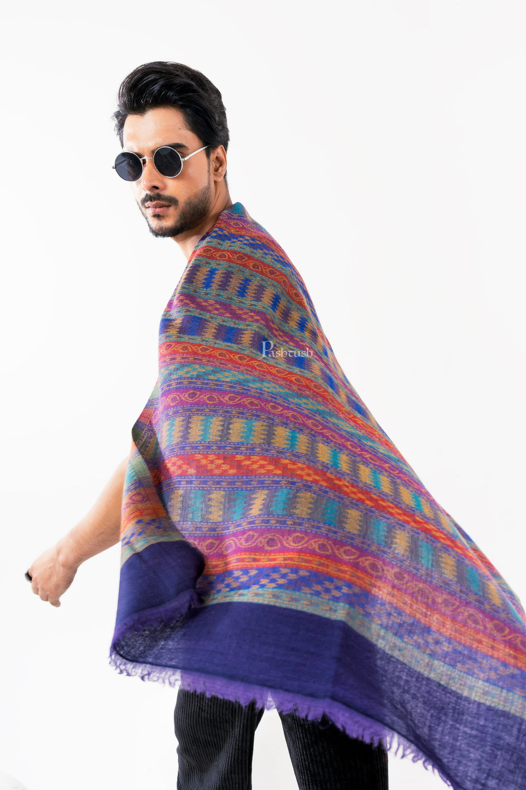 Pashtush India Mens Scarves Stoles and Mufflers Pashtush Mens 100% Pure Wool With Woolmark Certificate Stole, Mutli Stripe Design, Blue